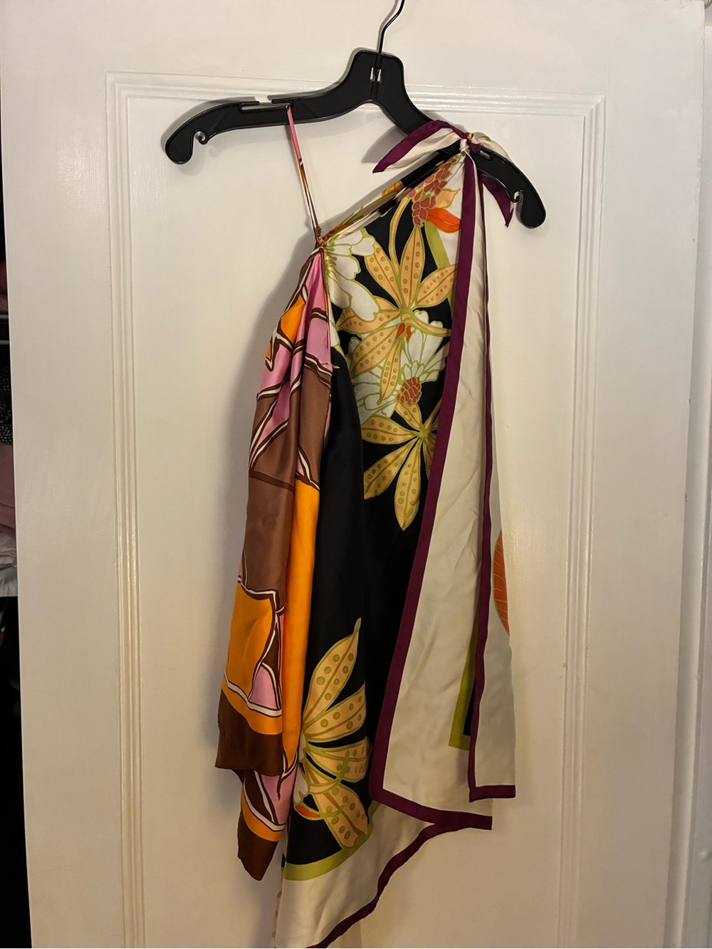 MaxMara Weekend Multicolor Floral Silk Scarf — Black, Orange, Pink & Cream
